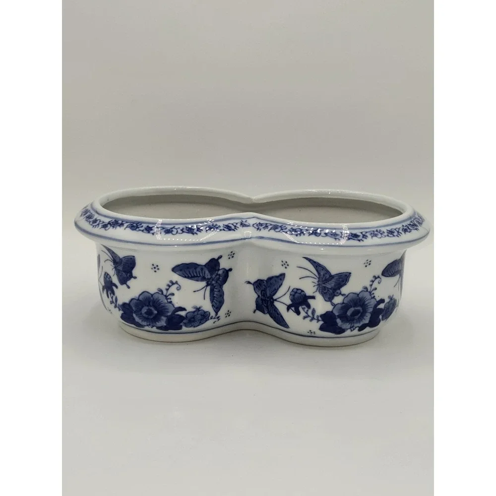 Vintage Blue White Porcelain Double Planter Butterfly Floral Cache Pot Japan
